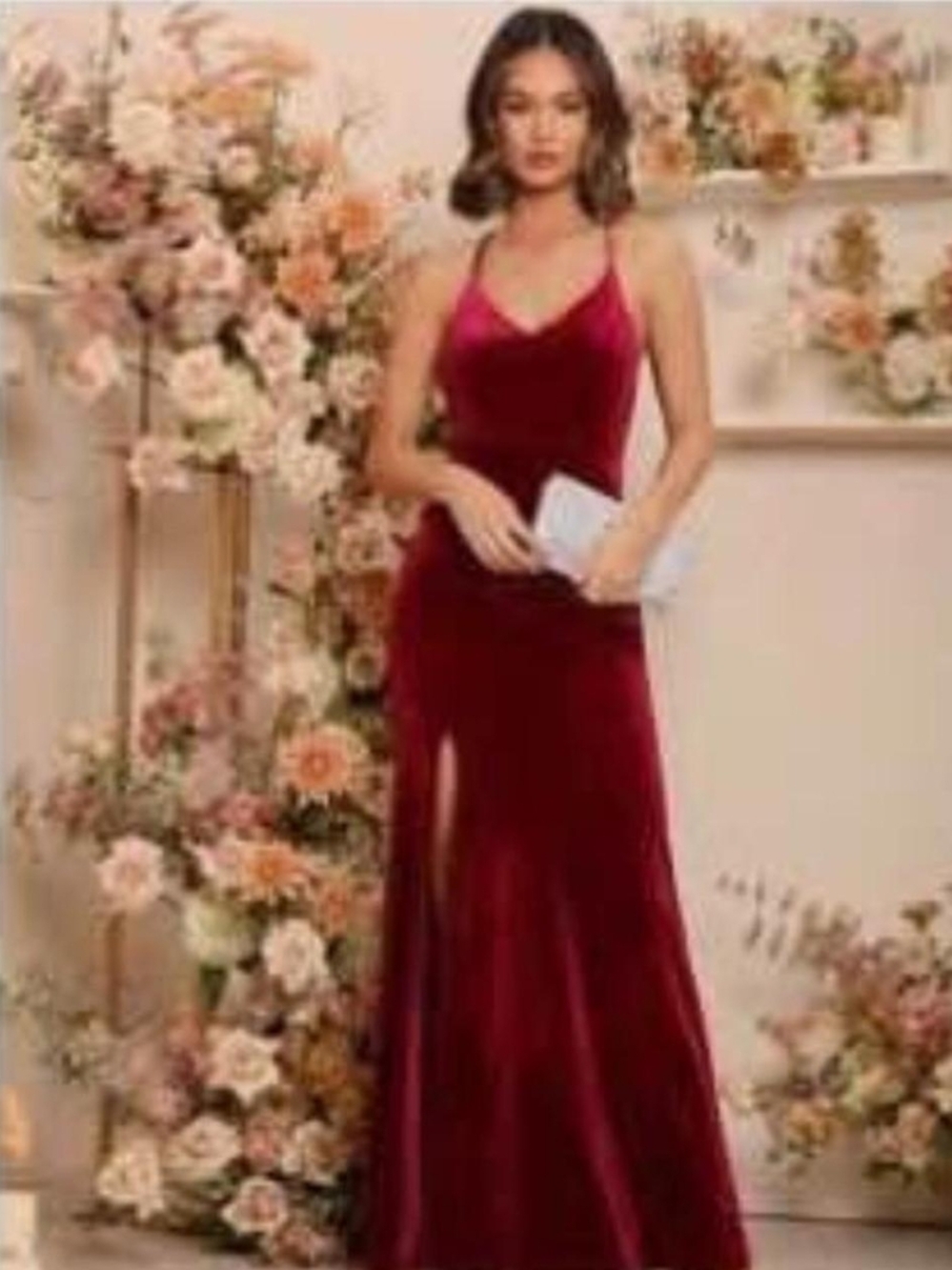 SHEIN Burgundy Velvet Spaghetti-Strap Prom Gown